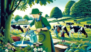 Dairy.Mom - A vivid and detailed illustration of a single mother managing a dairy farm. The image should portray a woman in a rural setting, wearing pra1