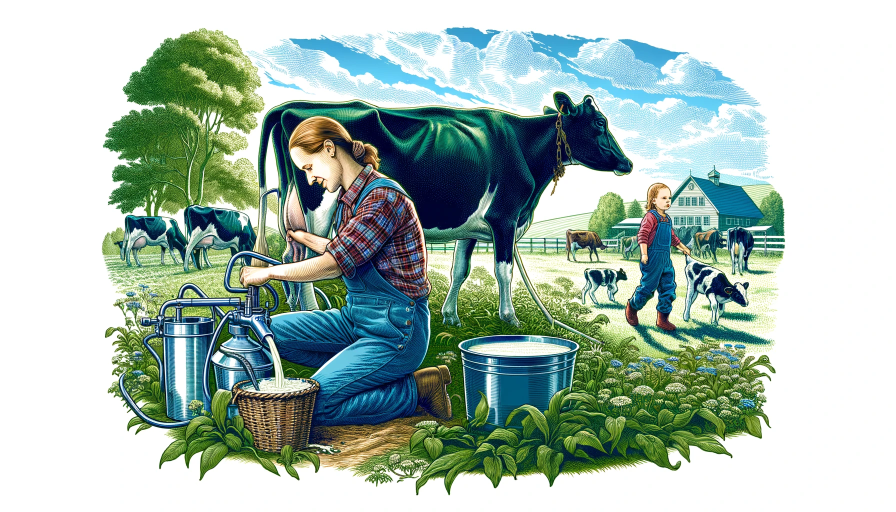 Dairy.Mom - A vivid and detailed illustration of a single mother managing a dairy farm. The image should portray a woman in a rural setting, wearing pra2