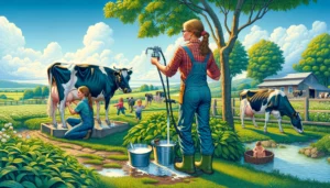 Dairy.Mom - A vivid and detailed illustration of a single mother managing a dairy farm. The image should portray a woman in a rural setting, wearing pra1